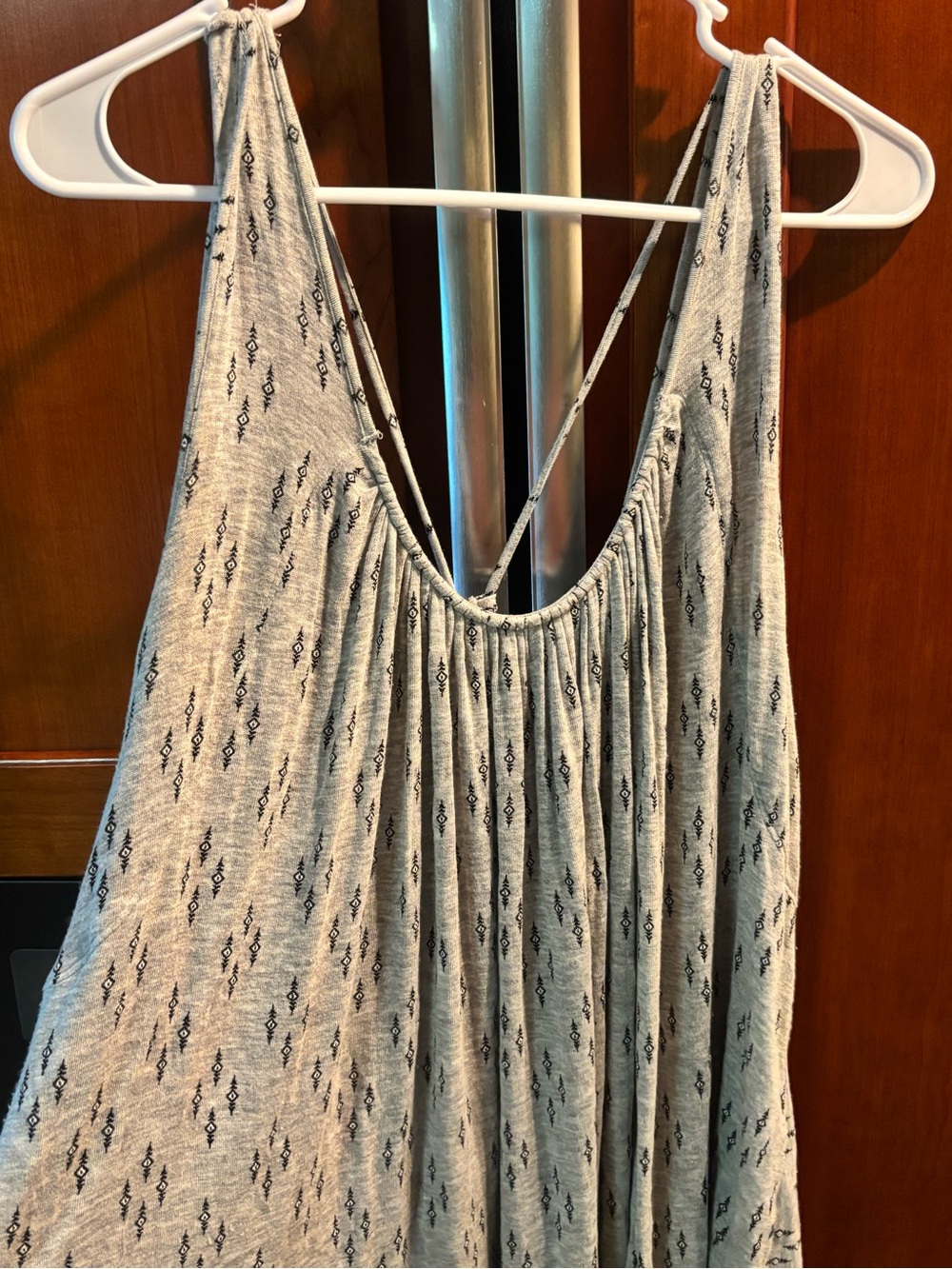 Gray Sleeveless Gathered Tank Tunic with Small Black Geometric Print
